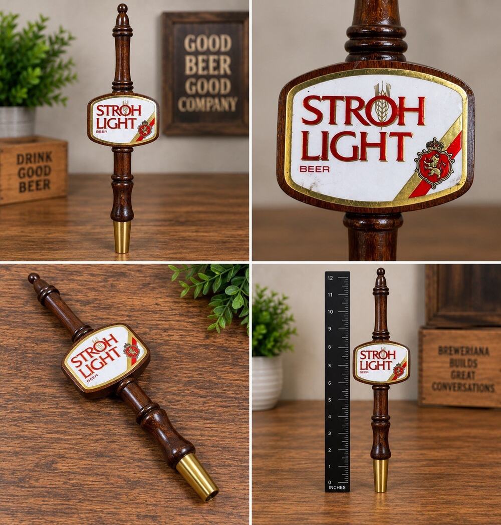 Vintage Stroh Light Beer Wood Tap Handle 12” Breweriana Bar Pub Advertising